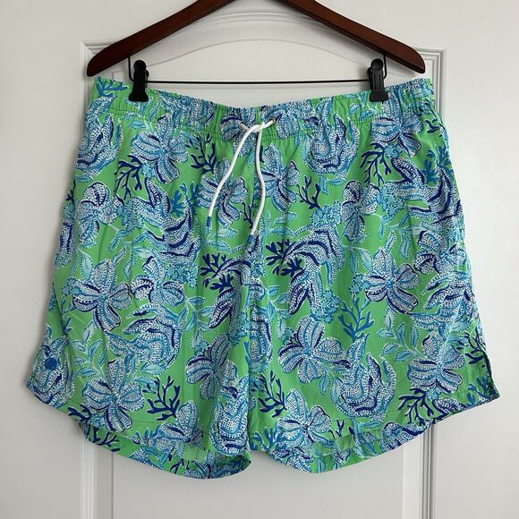 Lilly Pulitzer Mens Capri Trunks Swim Blue Green Size XL Front Tie Tropical 6” - Picture 1 of 12